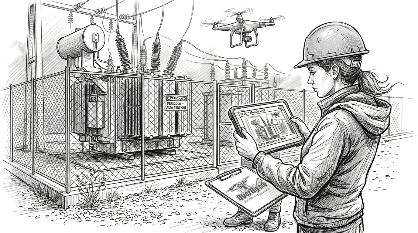 Ingegnere che utilizza un drone per effettuare un’ispezione termica