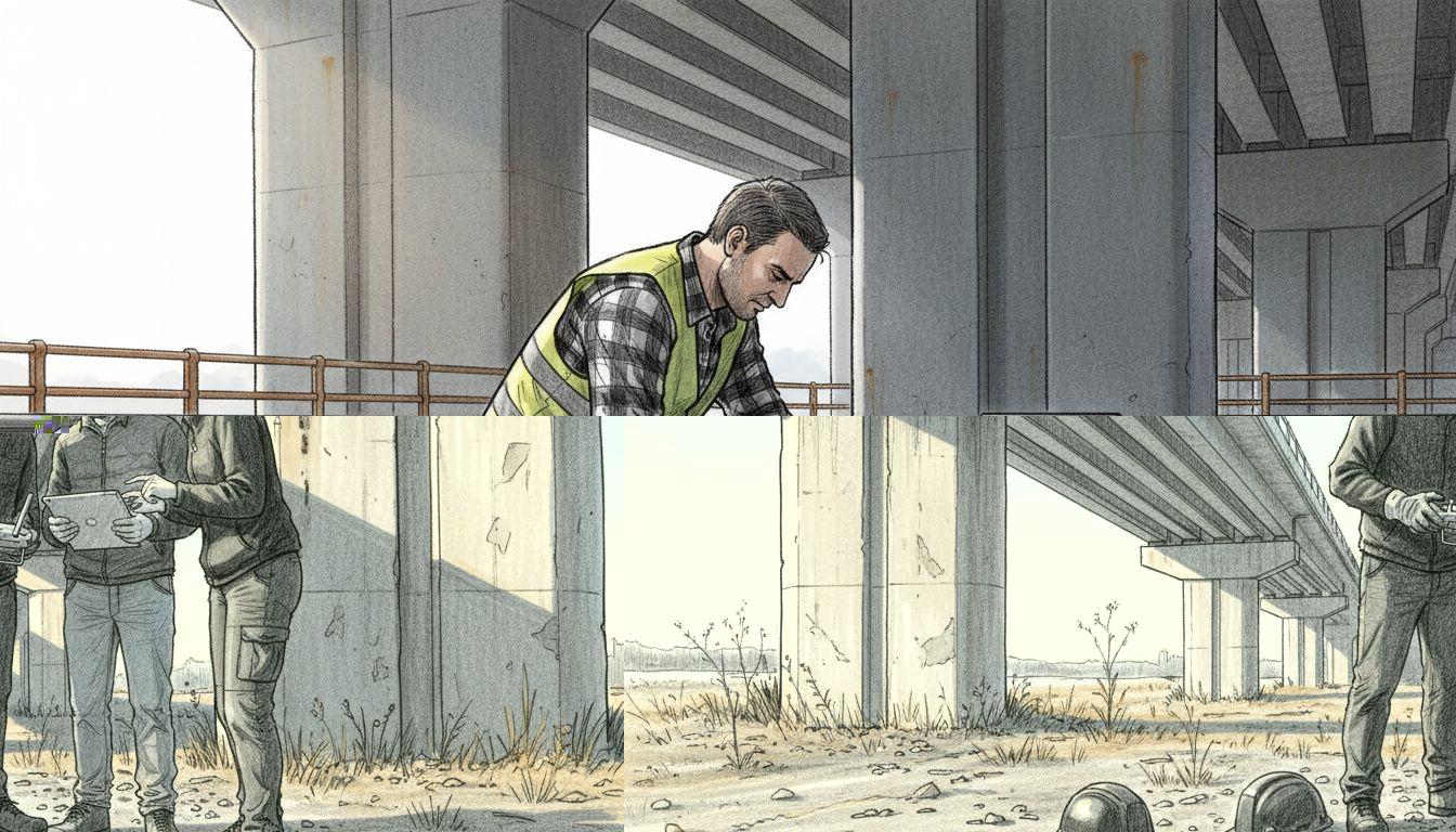 Un team di ingegneri segue in tempo reale le operazioni di un drone impegnato nell’ispezione di un viadotto in cemento.