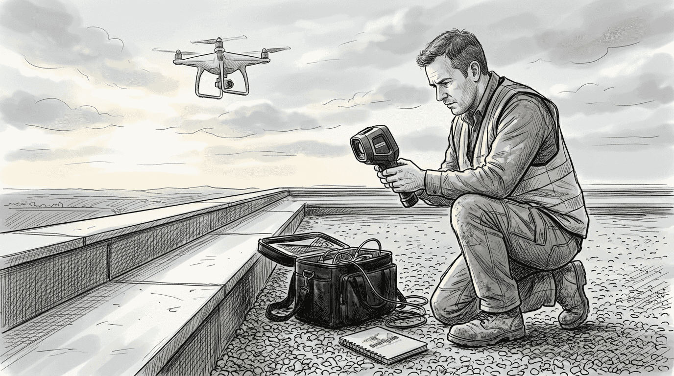 Un ispettore esamina l’area con una termocamera, mentre un drone effettua rilievi nelle vicinanze.