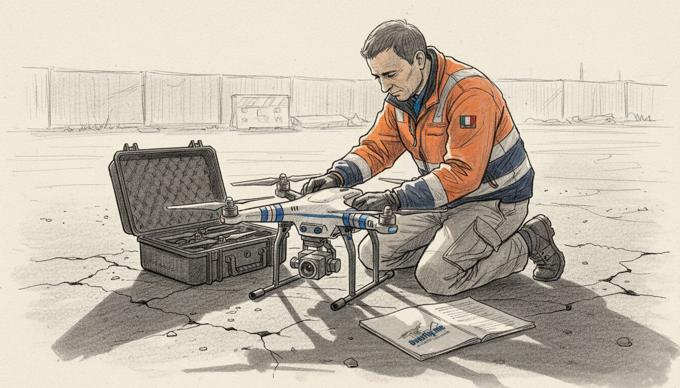 Un tecnico si occupa della preparazione del drone RTK per un rilievo sul campo.