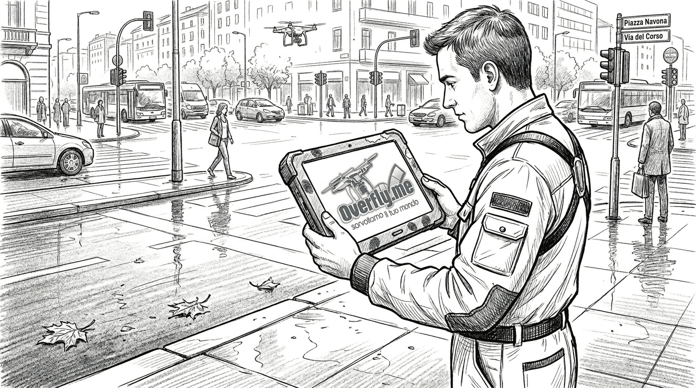 Un tecnico controlla attentamente il monitor mentre pilota un drone in città.