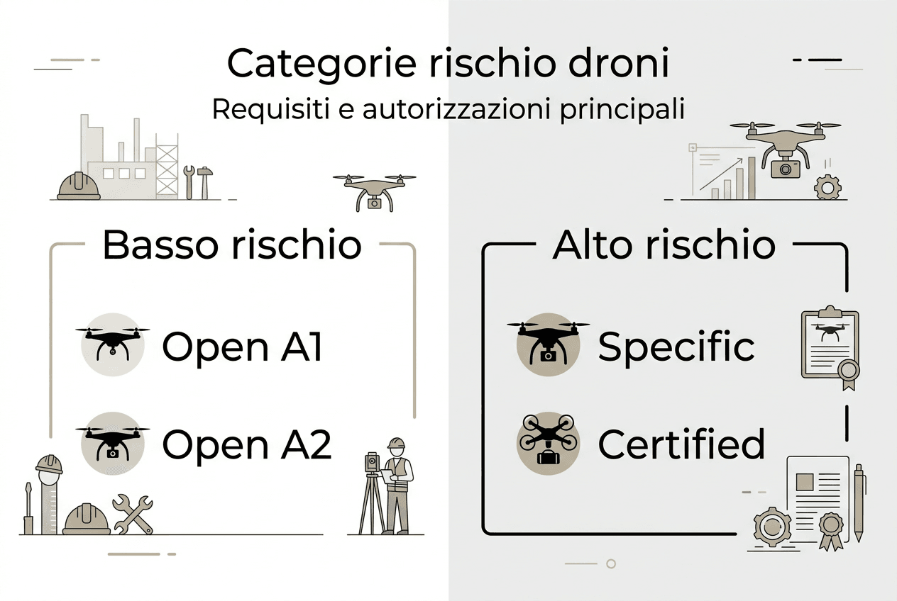 Infografica sulle categorie di rischio e sulle autorizzazioni necessarie per l’uso dei droni