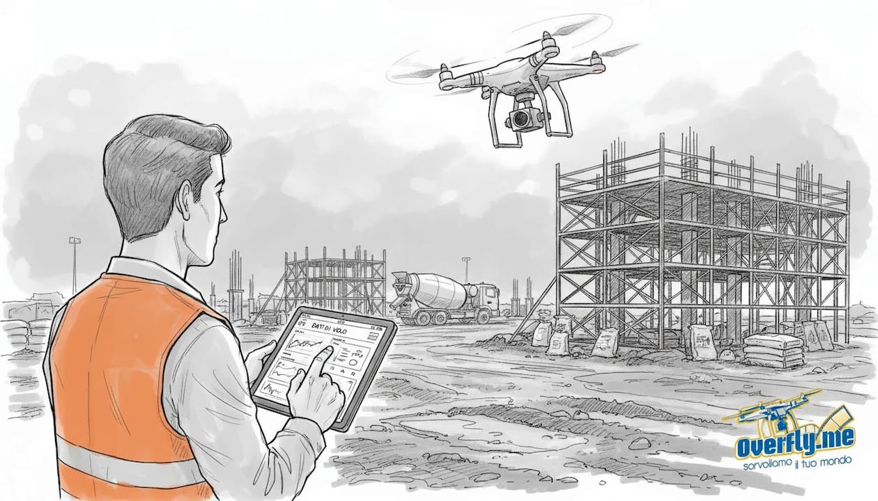 Un ingegnere supervisiona il cantiere utilizzando un drone per monitorare i lavori.
