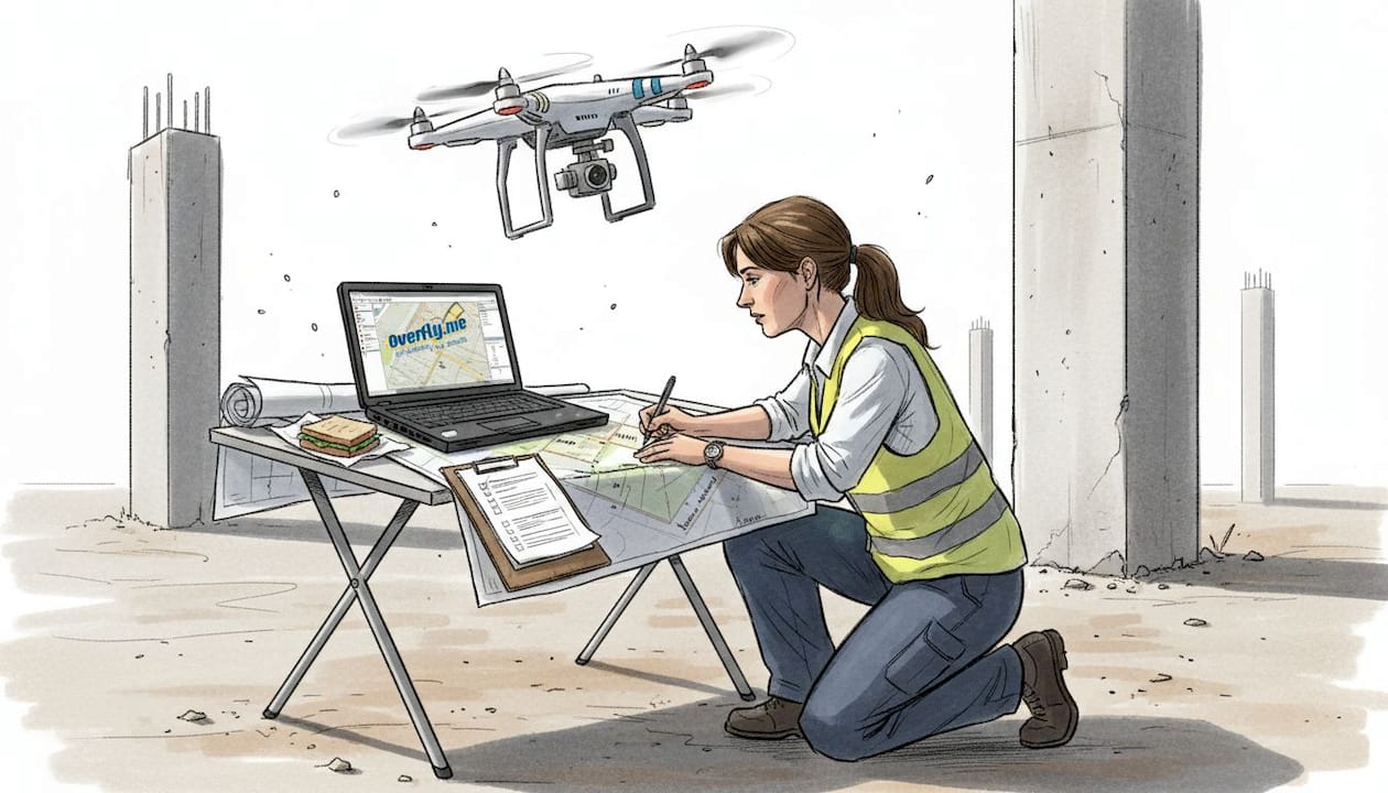Un geometra rileva il terreno mentre un drone sorvola la zona