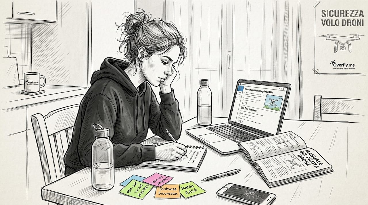 Una donna sta preparando l’esame per diventare pilota di droni, studiando concentrata al tavolo della cucina.