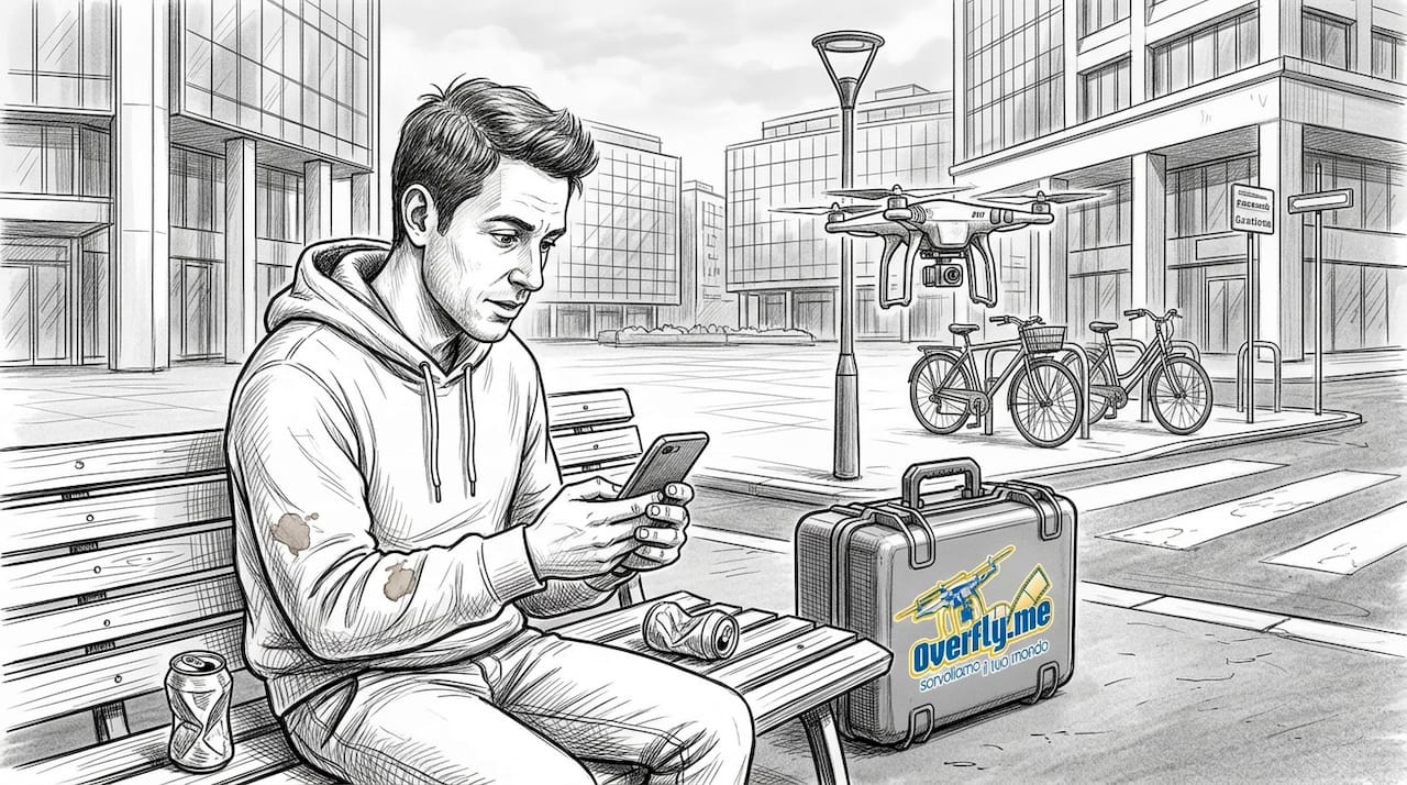 Un operatore controlla il volo di un drone in città.