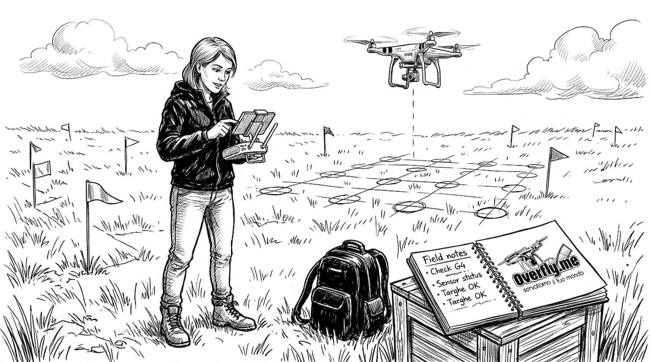 Tecnico specializzato che coordina sul campo una missione di rilievo fotogrammetrico con drone