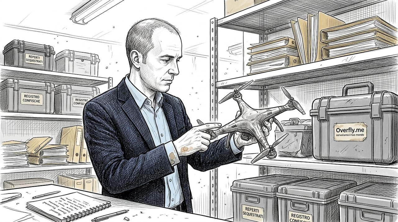 Un funzionario sta esaminando un drone sequestrato, custodito in magazzino.