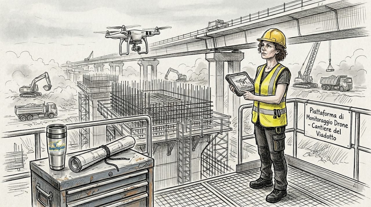 Un esperto supervisiona il volo di un drone sul cantiere di un'opera infrastrutturale.