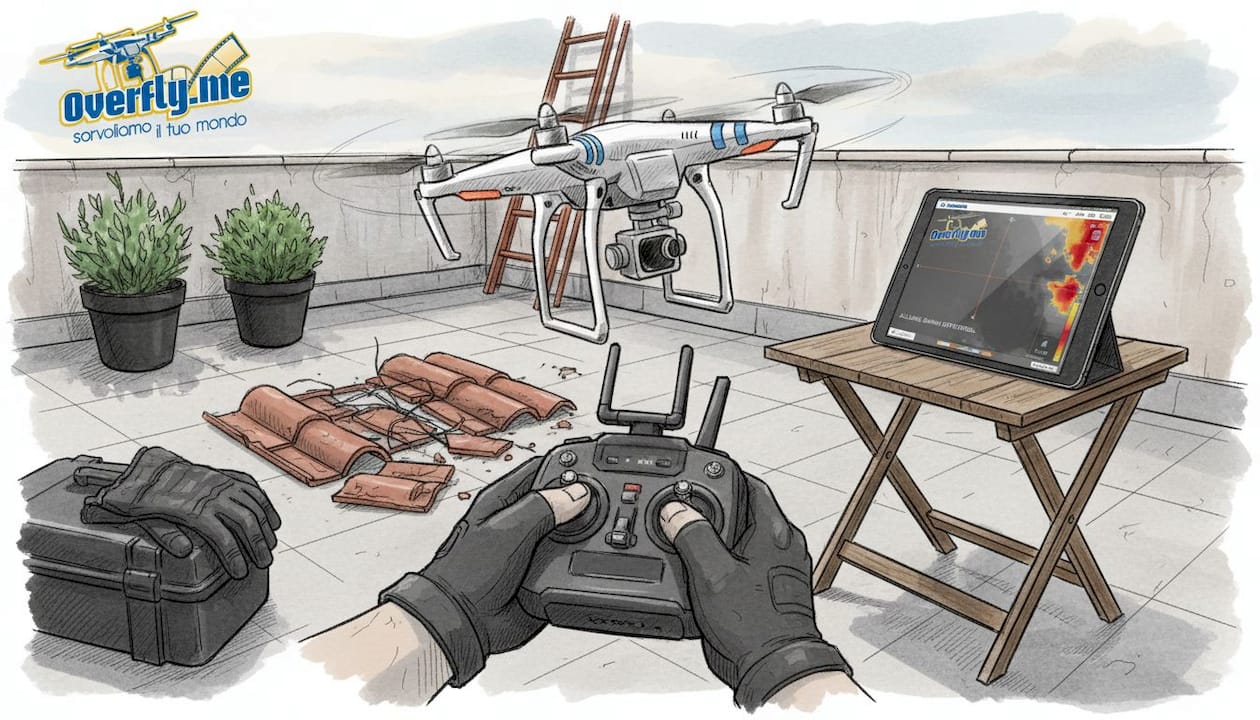 Dettaglio dell’ispezione delle tegole del tetto effettuata con drone