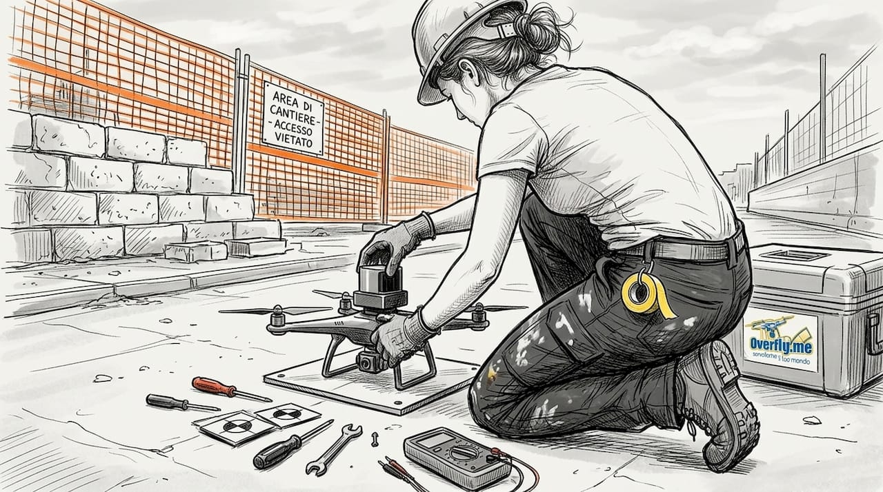 Un tecnico sta regolando il LiDAR di un drone all’interno di un cantiere.
