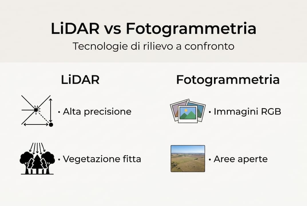 Infografica: differenze e vantaggi tra tecnologia LiDAR e fotogrammetria