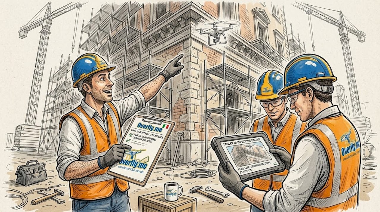 Operai che assistono al controllo di sicurezza in cantiere effettuato con un drone