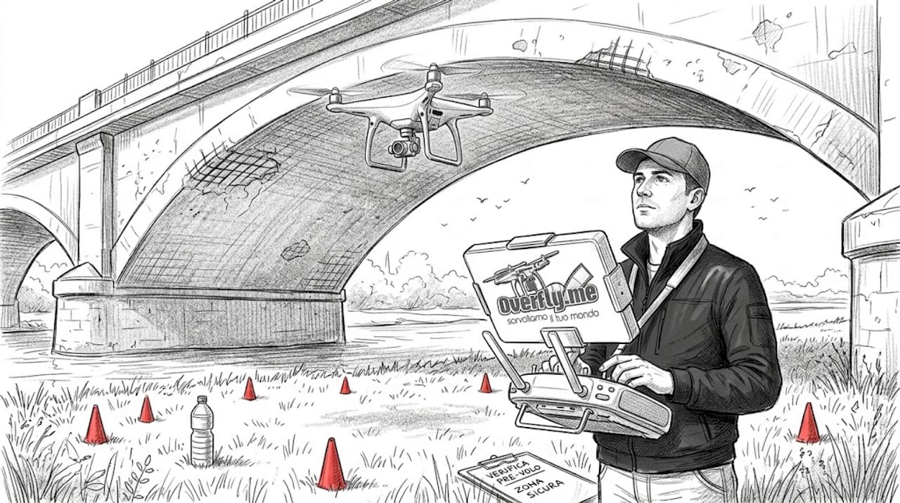 Un drone sorvola la parte inferiore del ponte durante le operazioni di ispezione.