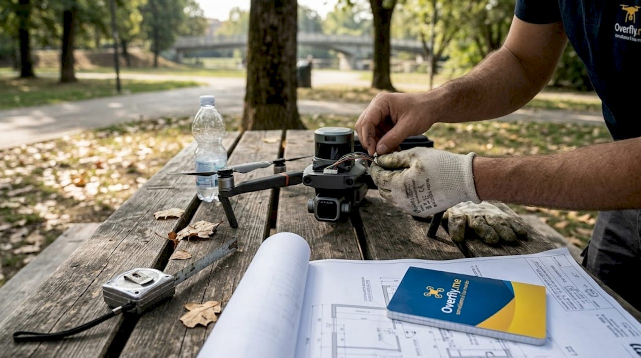 Un tecnico al lavoro mentre configura il sensore LiDAR su un drone