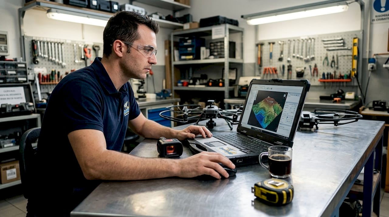 Un ingegnere esamina i dati raccolti dalle ispezioni effettuate con droni in 3D.