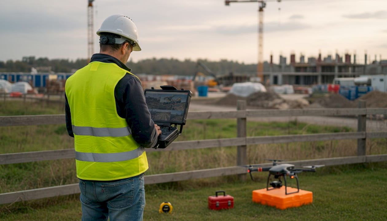 Un tecnico monitora le riprese del drone mentre segue l’avanzamento dei lavori in cantiere.