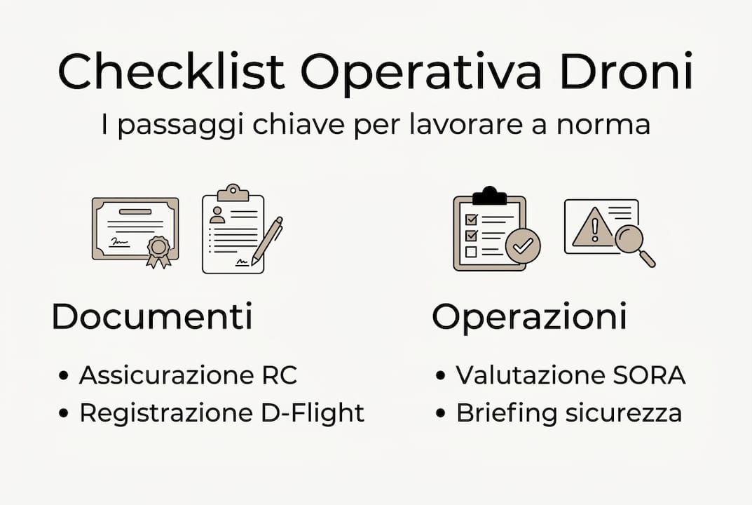Infografica con elenco di controllo per operazioni con droni secondo le normative vigenti
