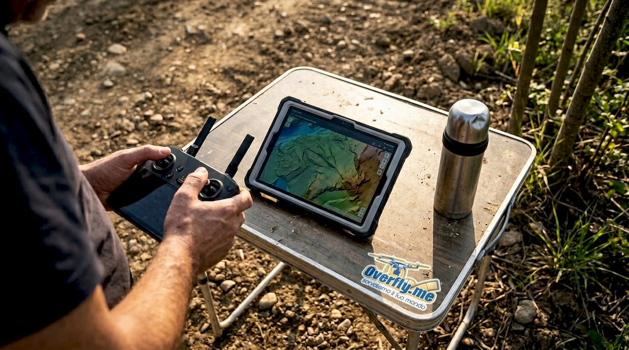 Tecnico topografo impegnato nel rilievo del terreno con drone LiDAR e tablet