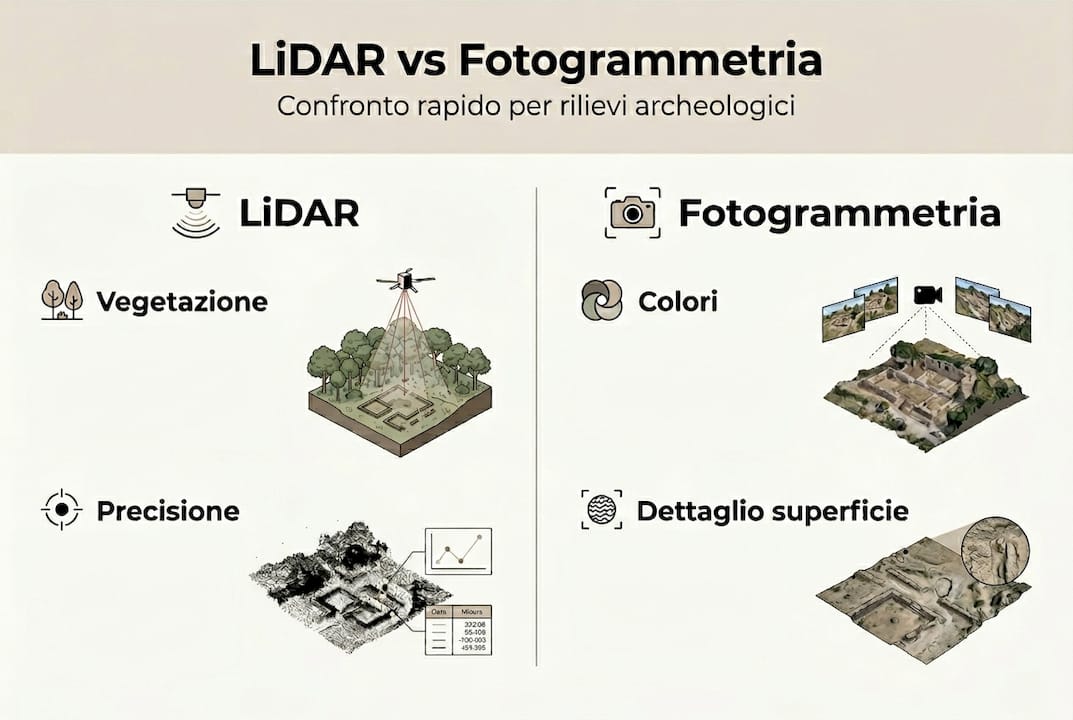 Infografica: confronto tra tecnologia LiDAR e fotogrammetria nell’archeologia