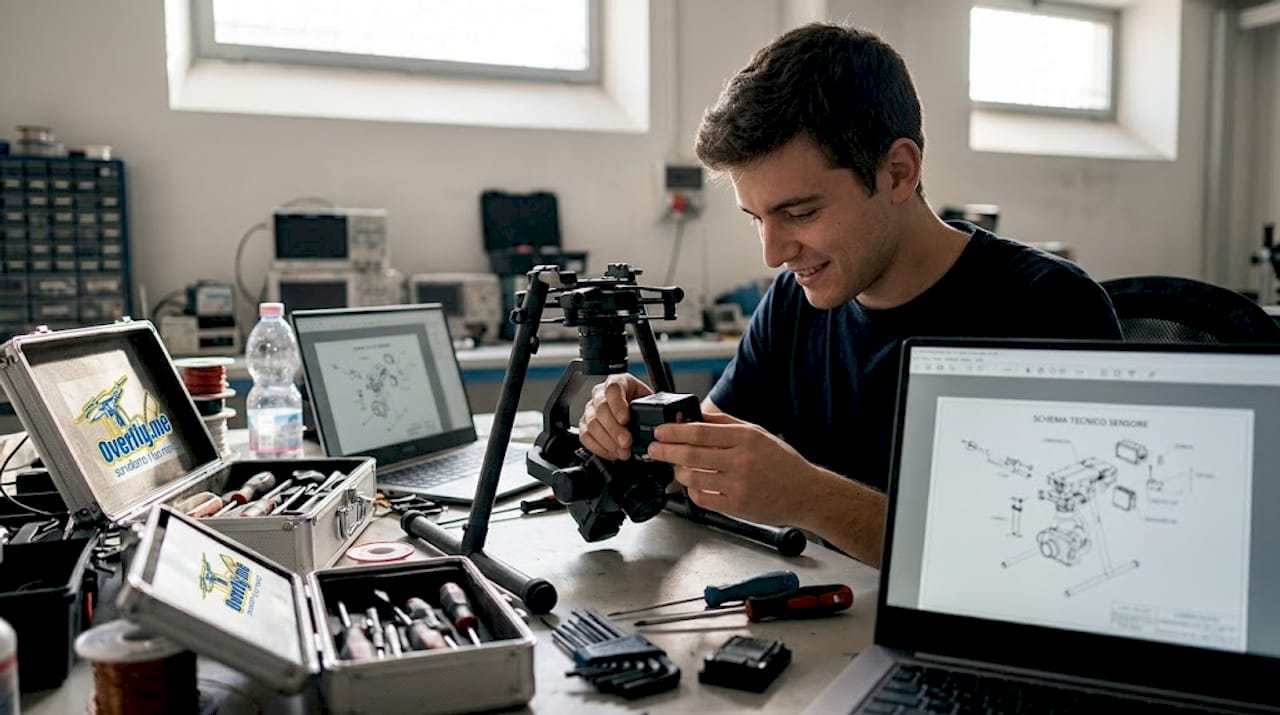 Un tecnico alle prese con la sostituzione di un sensore su un drone, immerso nel fermento di un laboratorio pieno di attività.