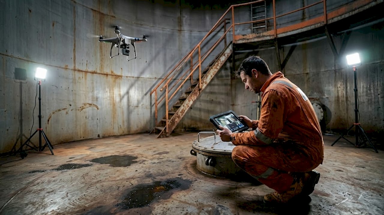 Un drone viene fatto volare all'interno del serbatoio, mentre un tecnico ne segue ogni movimento per garantire il corretto monitoraggio.