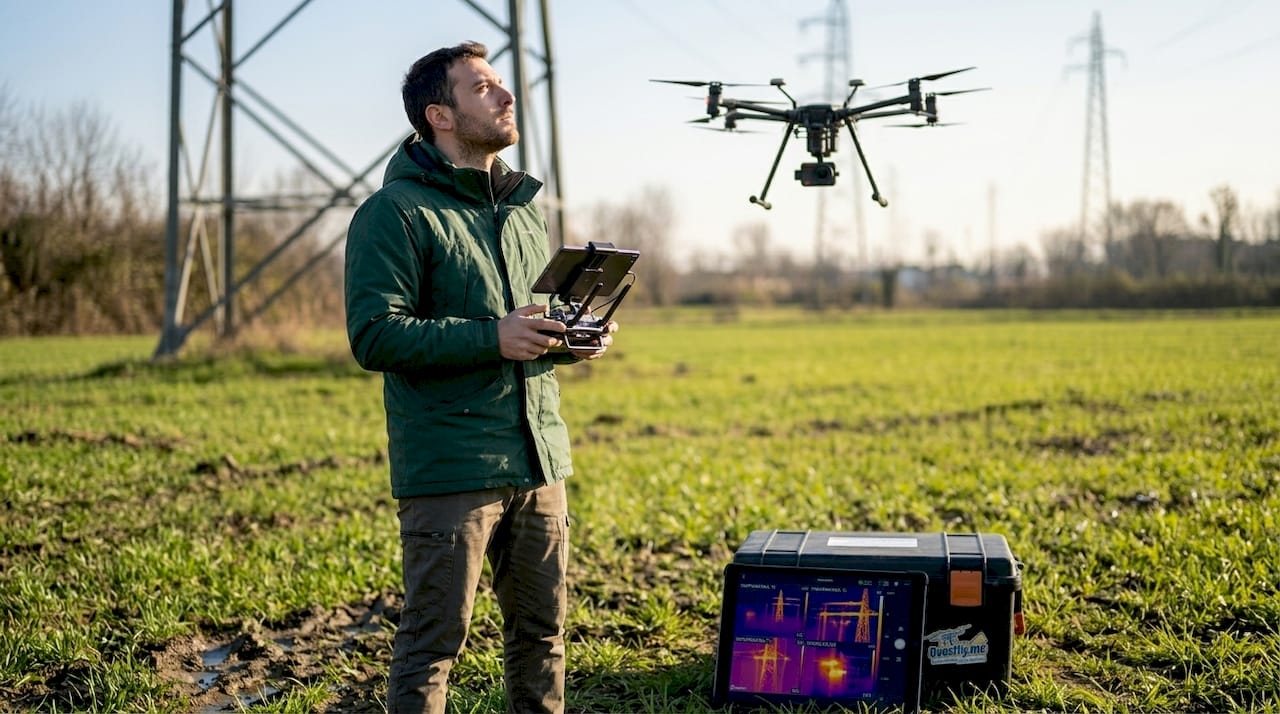 Un tecnico esegue controlli con un drone termico nei pressi di una linea elettrica.