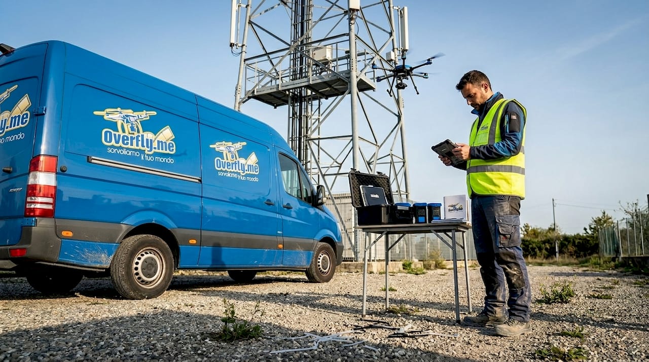 Tecnico specializzato utilizza un drone e un tablet per controllare lo stato di una torre GSM