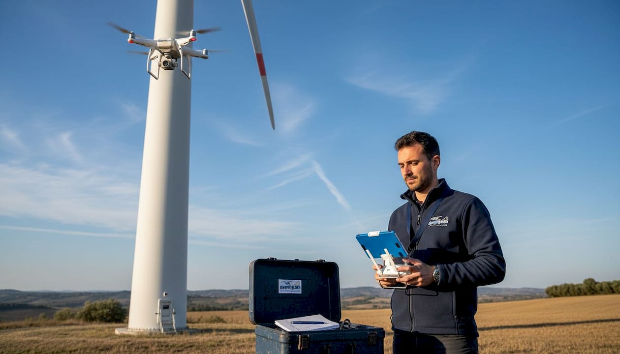 Un tecnico controlla una turbina eolica utilizzando un drone.