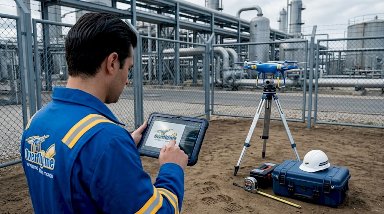 Un tecnico controlla un impianto industriale utilizzando un drone e un tablet