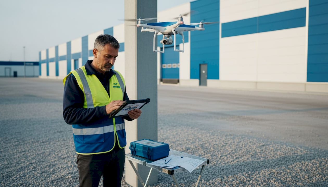 Un tecnico controlla la struttura utilizzando un drone e un tablet.