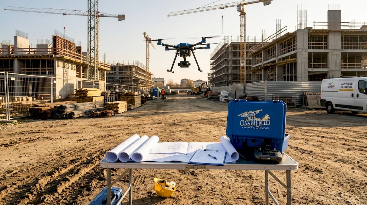 Un drone sorvola il cantiere durante la pausa pranzo.