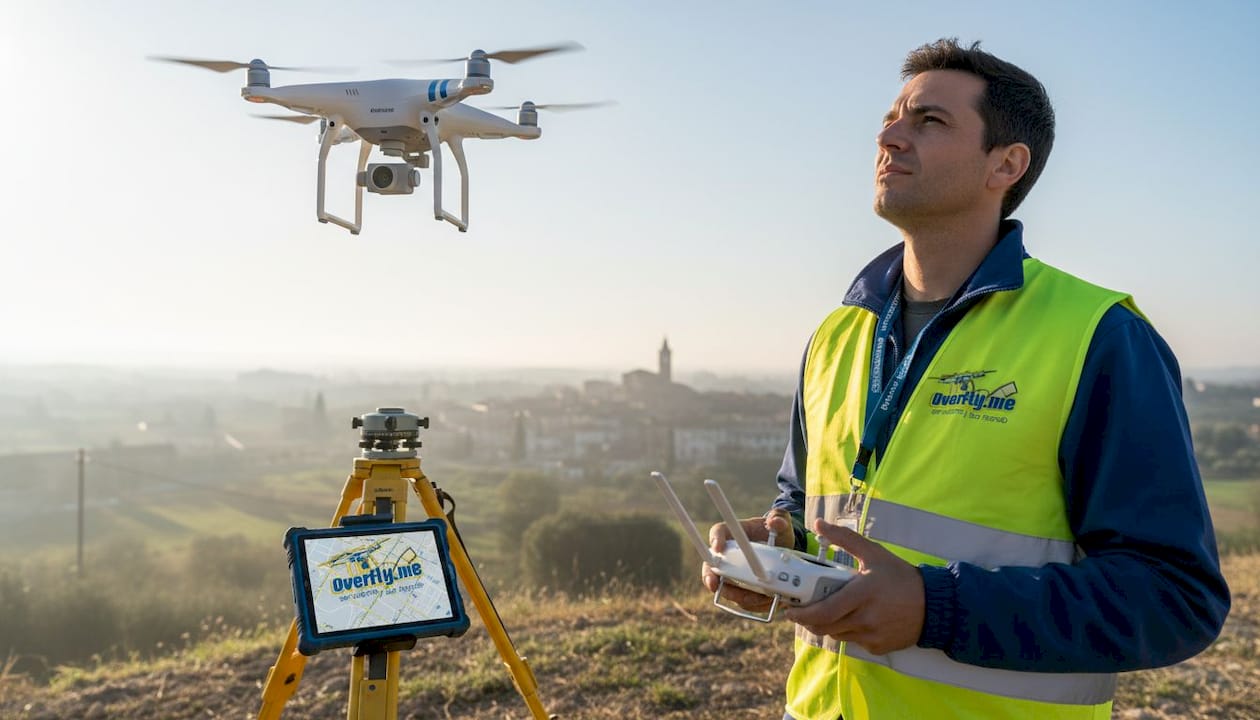 Un tecnico pilota un drone all’interno di un cantiere edile.