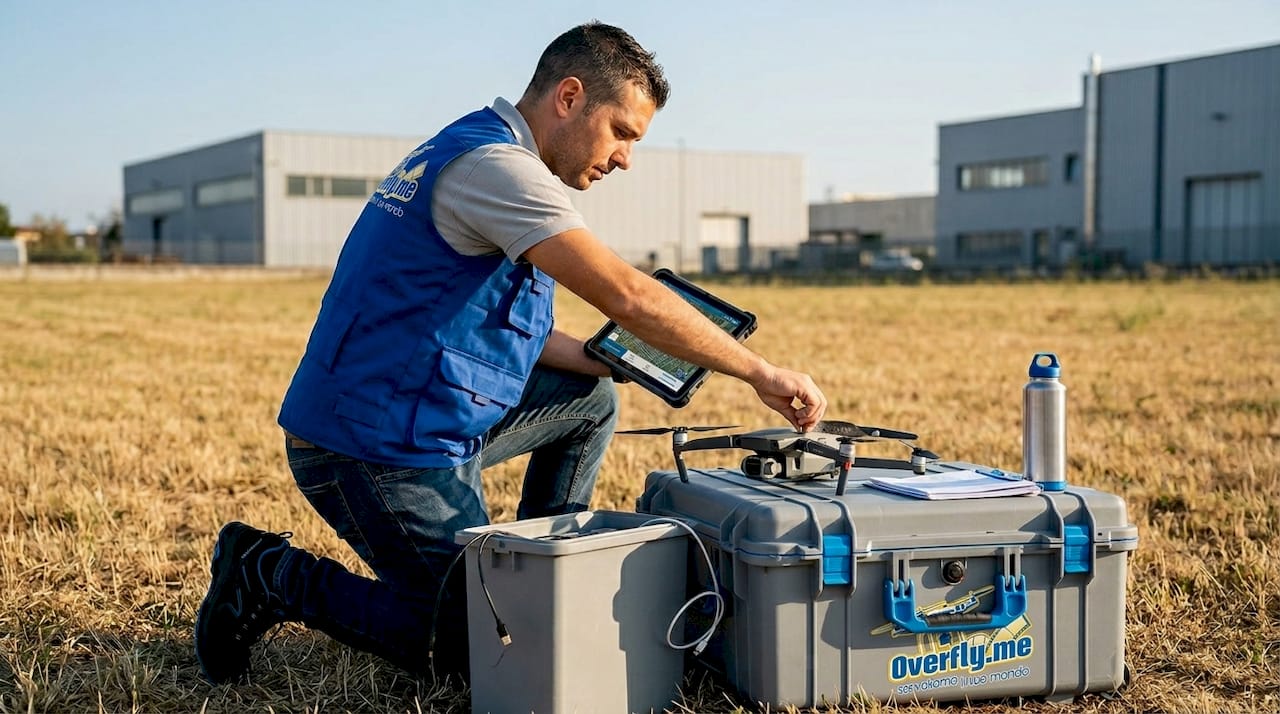 Operatore di droni al lavoro: tutto pronto per il rilievo aereo del terreno.