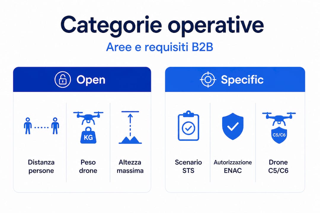 Infografica: differenze tra le categorie di droni Open e Specific