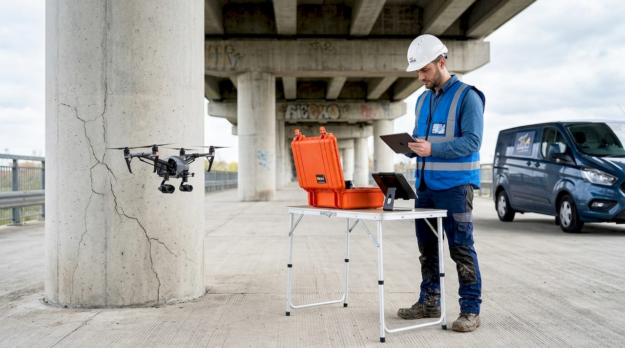 Un ingegnere segue da vicino l’ispezione del ponte effettuata con un drone direttamente sul posto.