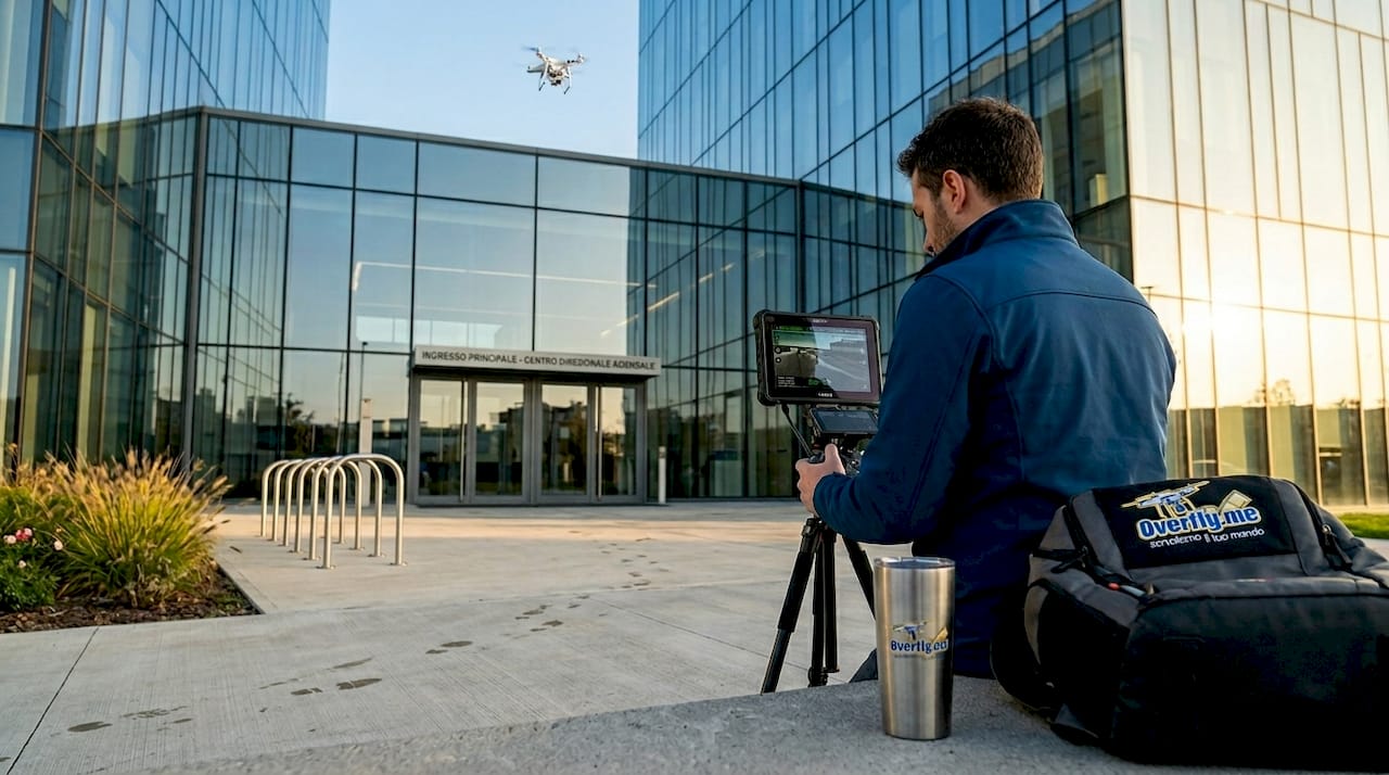 Un pilota di drone sta effettuando riprese all’esterno di una sede aziendale moderna.