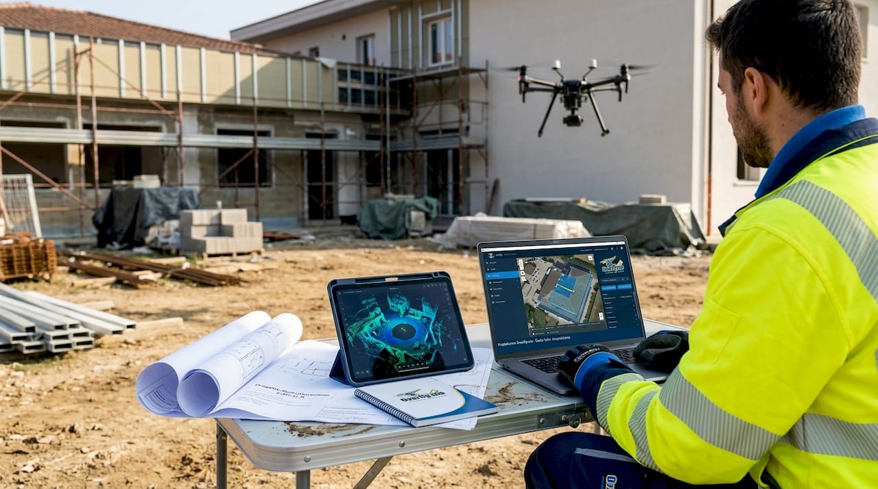 Un tecnico pilota un drone per effettuare il rilievo di un edificio.