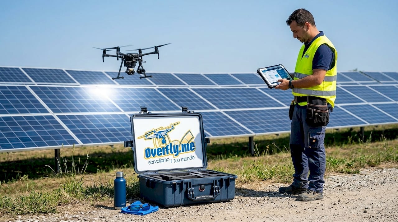 Un tecnico monitora dall'alto i pannelli solari utilizzando un drone dotato di termocamera.