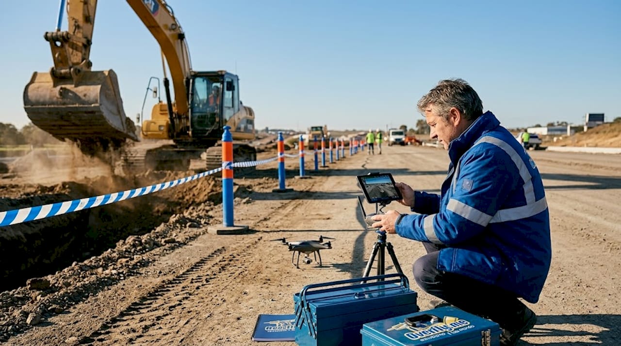 Un tecnico supervisiona il drone mentre opera all'interno di un cantiere, affiancato da mezzi per il movimento terra.