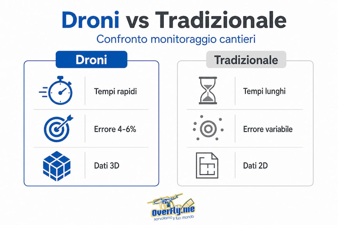 Infografica: confronto tra rilievi di cantiere con droni e metodi tradizionali
