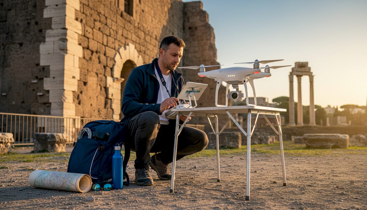 Un operatore di droni si prepara a far decollare il suo dispositivo vicino ai suggestivi resti di un'antica città romana.