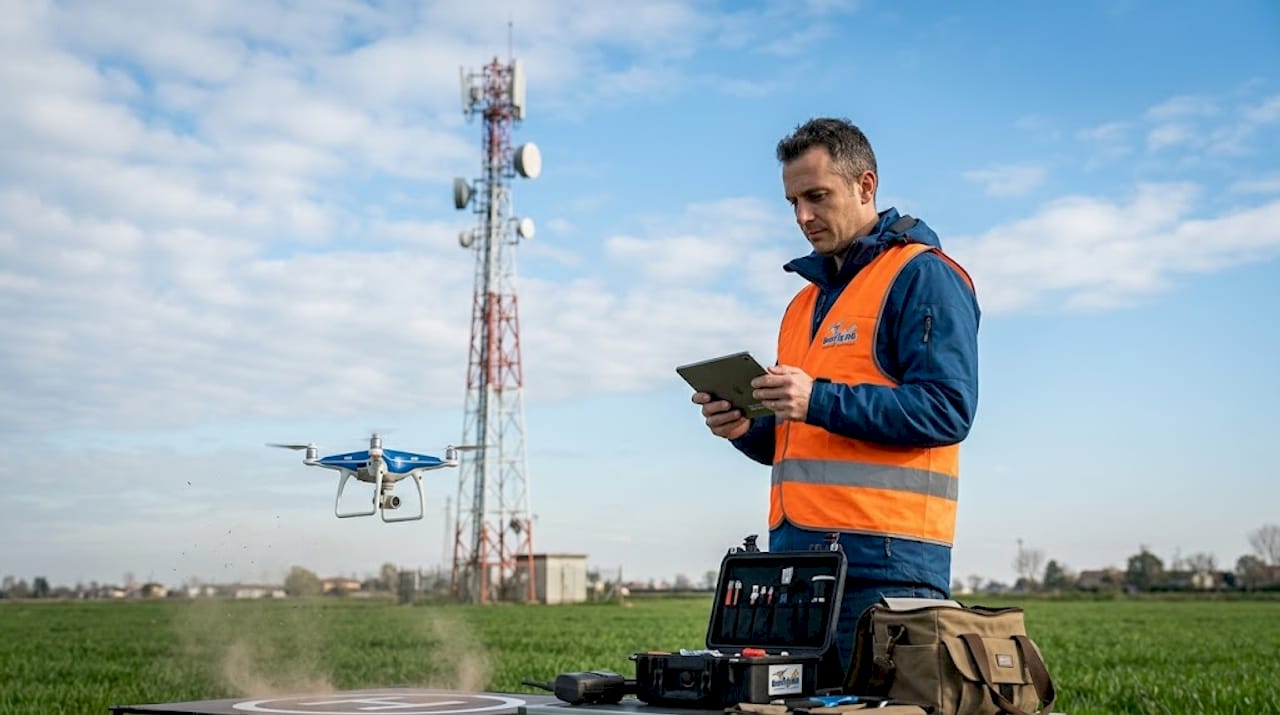 Un tecnico avvia il drone per effettuare un’ispezione alla torre di telecomunicazioni.