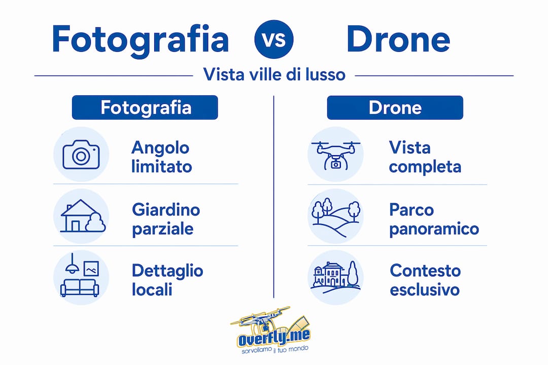 Infografica: confronto tra fotografia classica e riprese con drone per valorizzare ville di prestigio