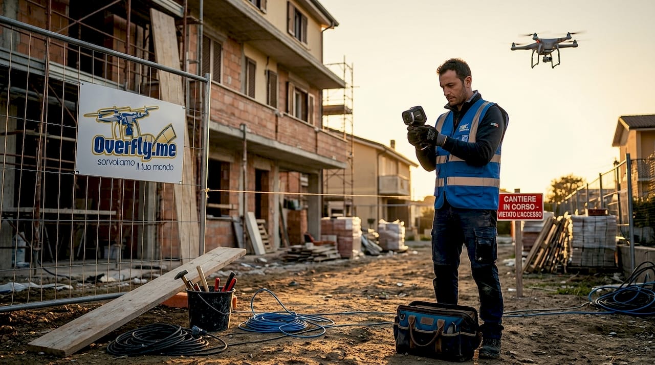 Tecnico al lavoro in cantiere con drone e termocamera per monitorare lo stato dell’edificio