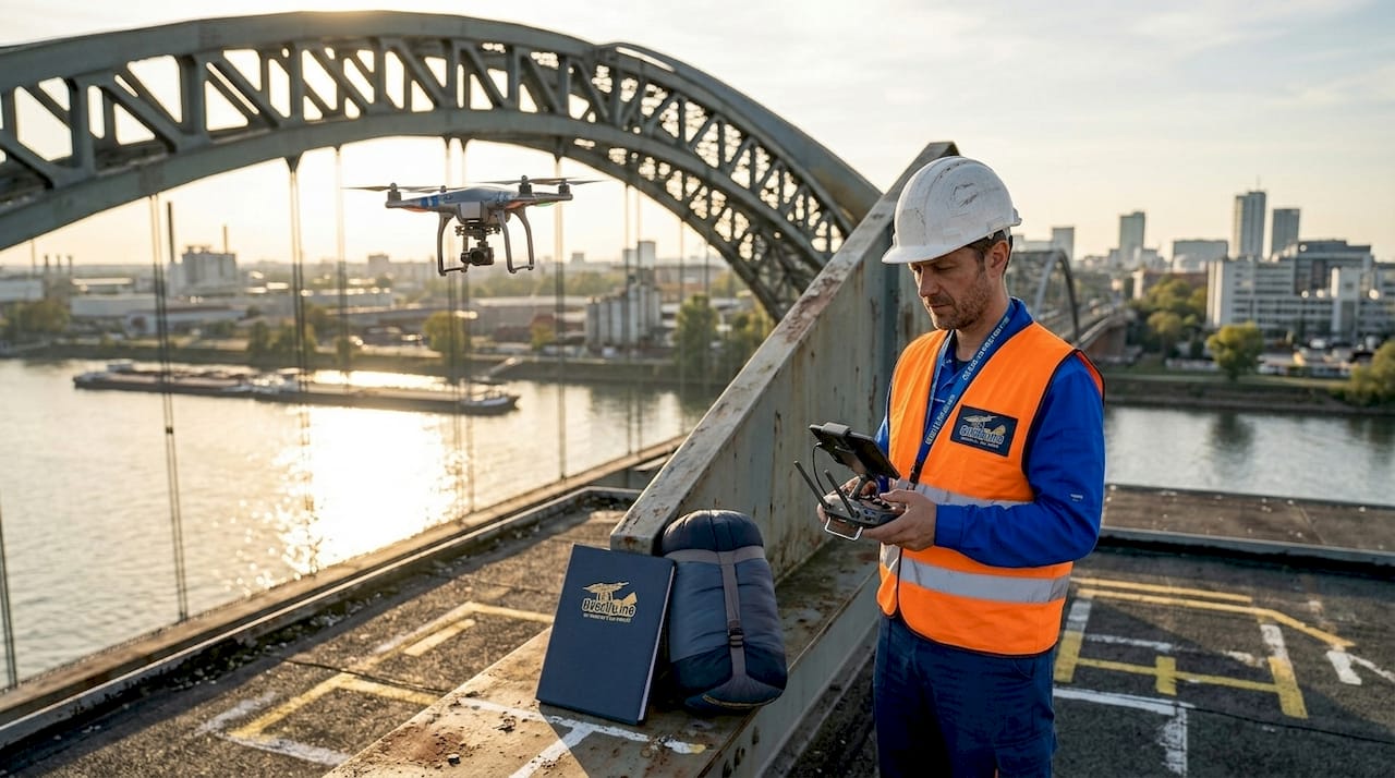 Un ingegnere controlla un drone durante l’ispezione di un ponte in città.