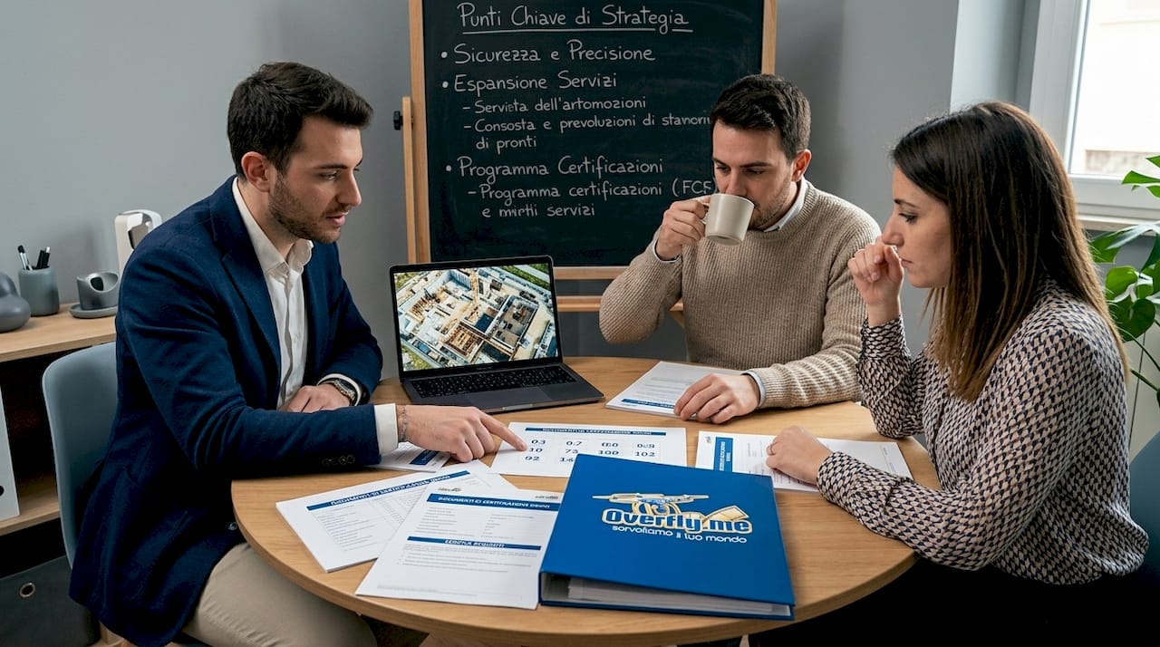 Un gruppo di professionisti esamina insieme i documenti necessari per la certificazione dei droni, riuniti attorno a un tavolo di lavoro.