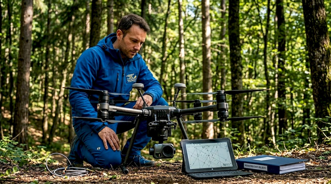 Un tecnico specializzato utilizza un drone dotato di tecnologia GNSS RTK e LiDAR per effettuare rilievi di precisione.