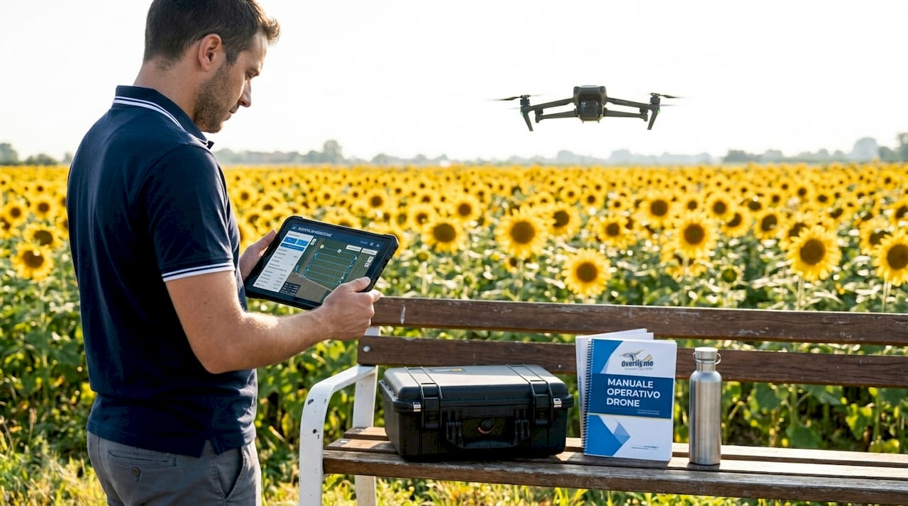 Un drone sorvola autonomamente il campo, mentre l’operatore lo controlla tramite tablet.