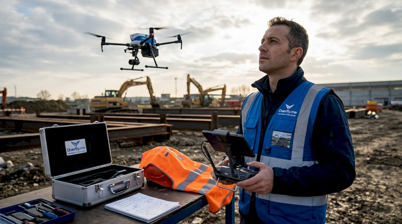 Operatore specializzato che utilizza un drone per il controllo e la verifica di un sito industriale